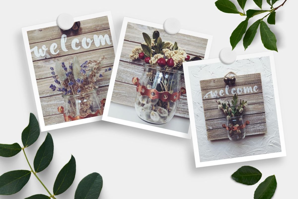 3 welcome signs with rustic wood featuring a vase with dried flower arrangements