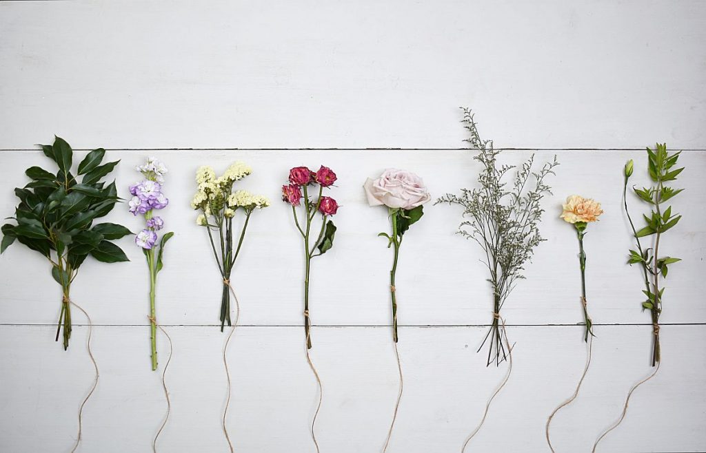 flowers in a row on a wood board to dry with twine tied to each stem