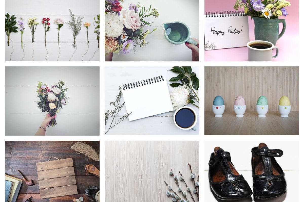 Selection of stock photos with flowers, notebook and coffee, baby shoes.