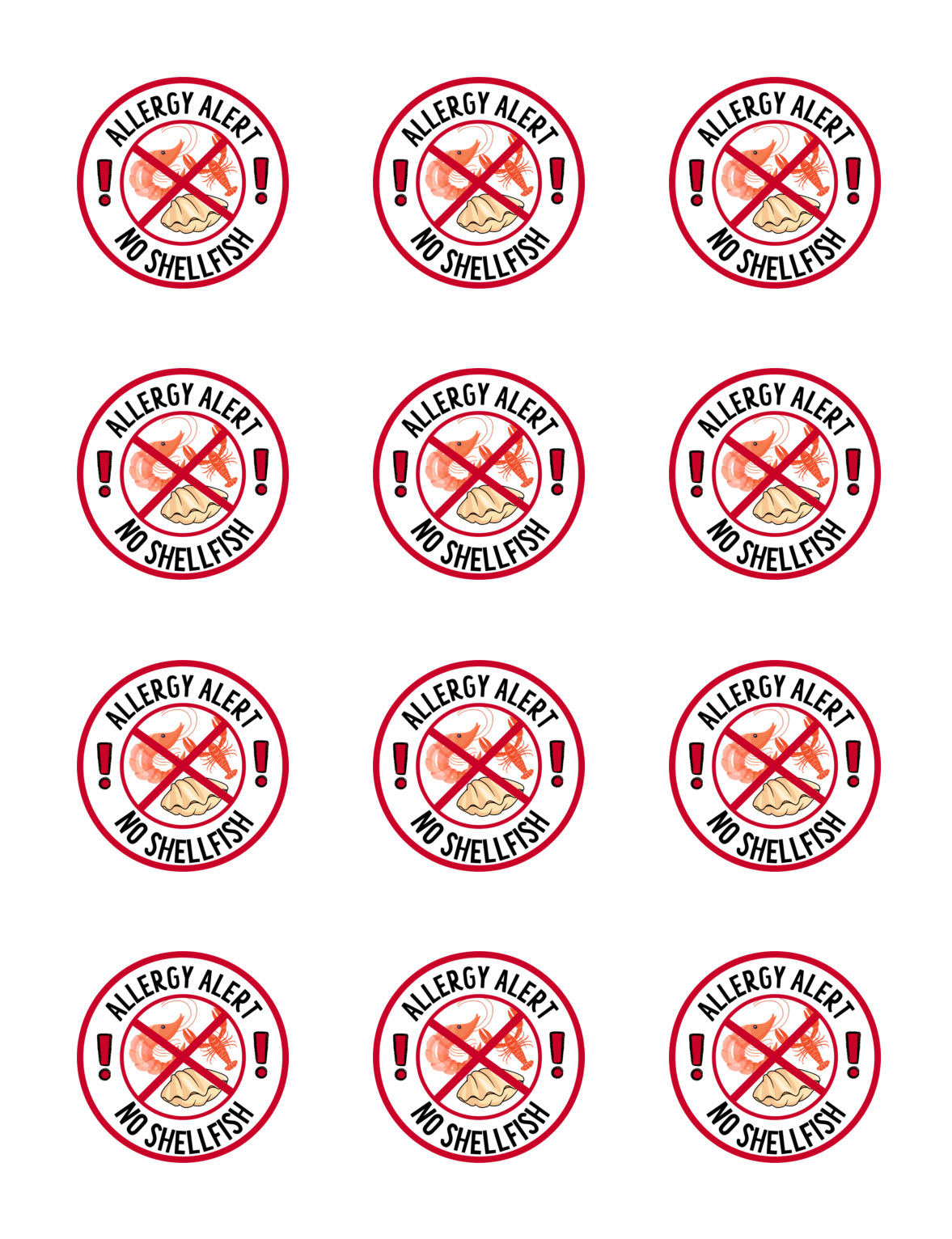 No Shellfish Printable Sticker Sheet