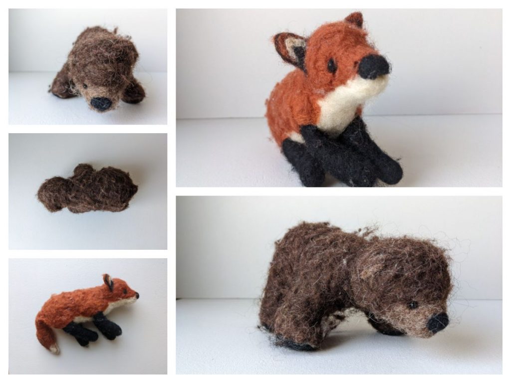 A photo collage of needle felted toys looking scruffy. A bear and fox are shown. 