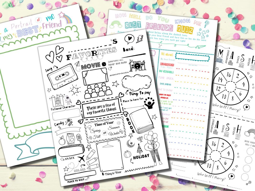 Printed friendship activity pages on a confetti background
