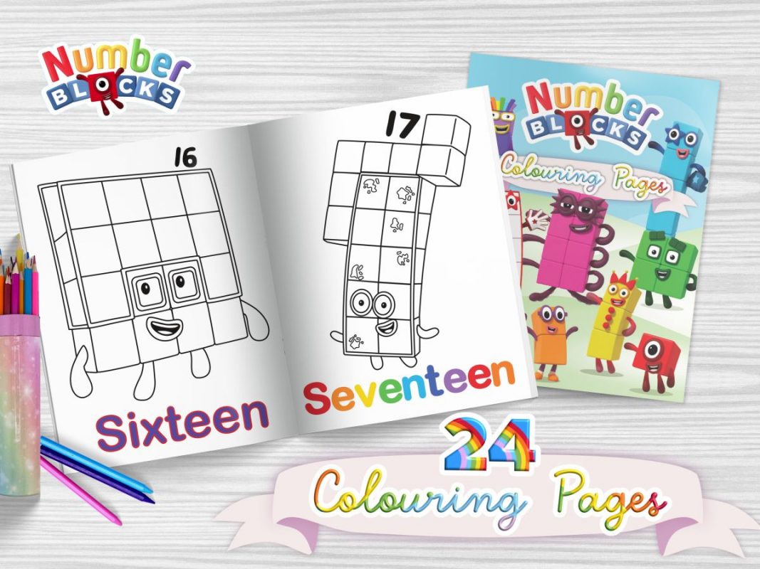 A Numberblocks colouring book laying open showing Number 16 and 17 and a colourful image of the front of the book showing Numberblocks characters in rainbow colours