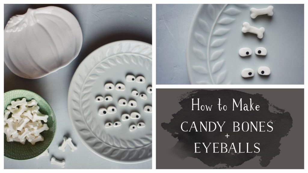 Candy bones and eyeballs on a ceramic plate
