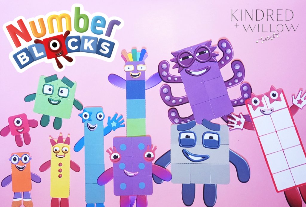 Numberblocks from 1 to 10 on a pink background
