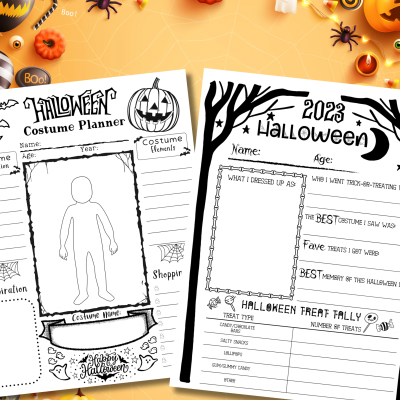 Kids Halloween Activity Sheets on Orange Pumpkin Background